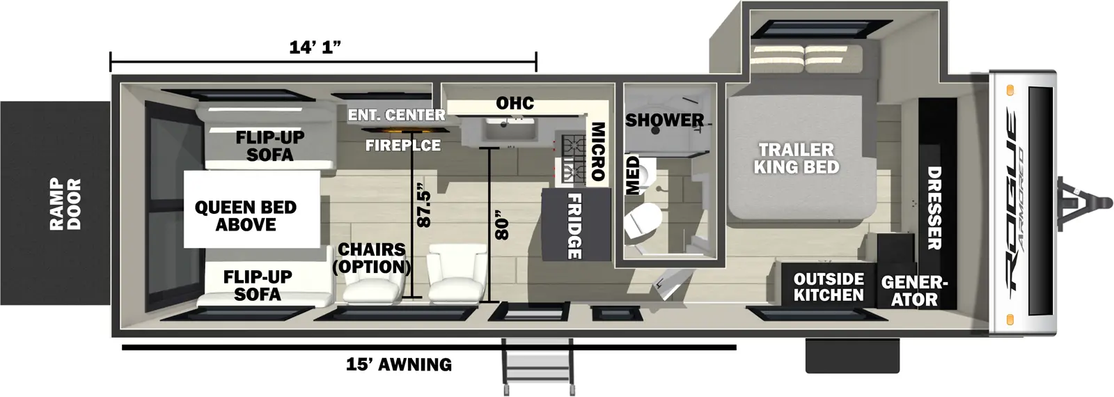 The Vengeance Rogue Armored Travel Trailers 25L141 floorplan is a toy hauler that has one entry and one slide out. Exterior features include: fiberglass exterior and 15' awning. Interiors features include: front bedroom.